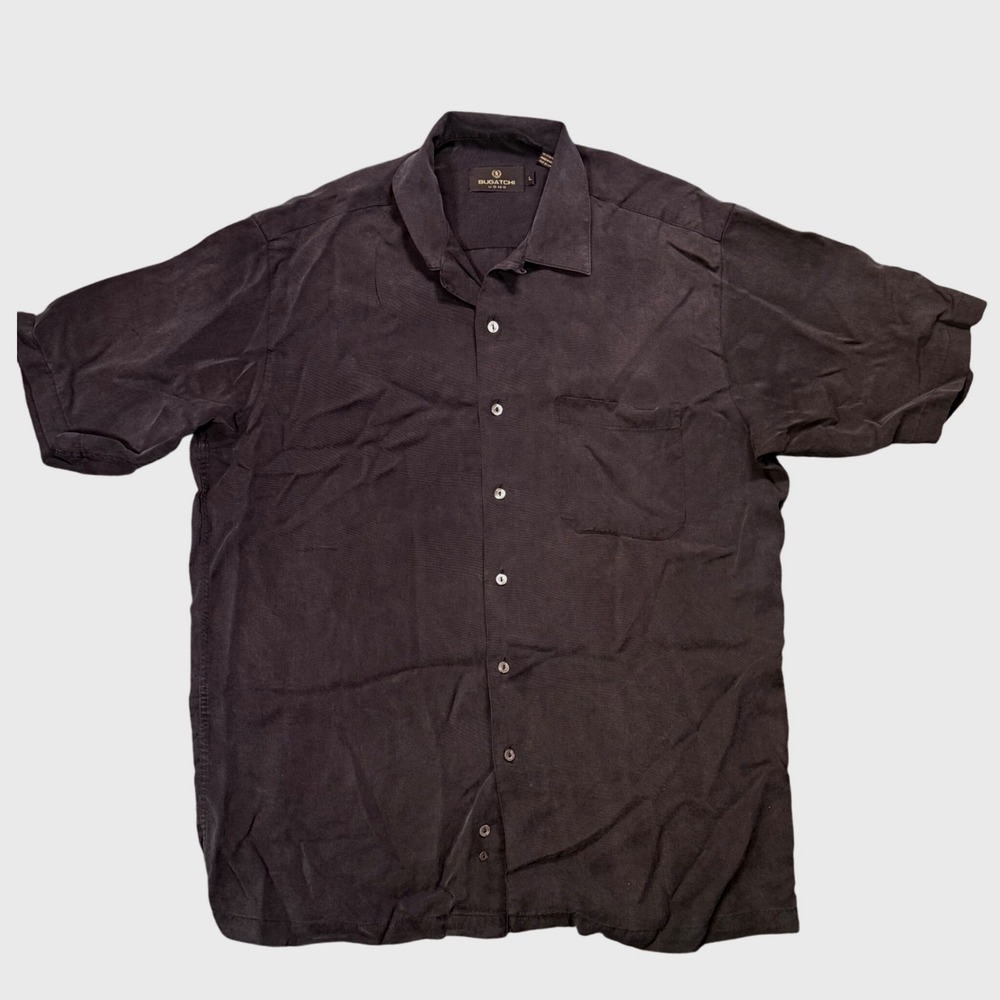 Bugatchi Uomo Black 100% Tencel Short Sleeve Button Up Camp Shirt Summer Large